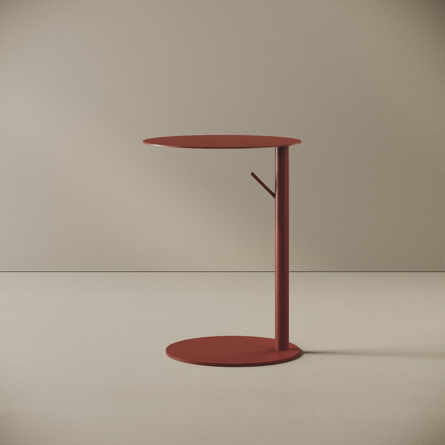 Tavolino da caffè Italia rotondo colore rosso, vista frontale — struttura in metallo verniciato a polvere epossidica, piano Ø 45 cm, h 60 cm