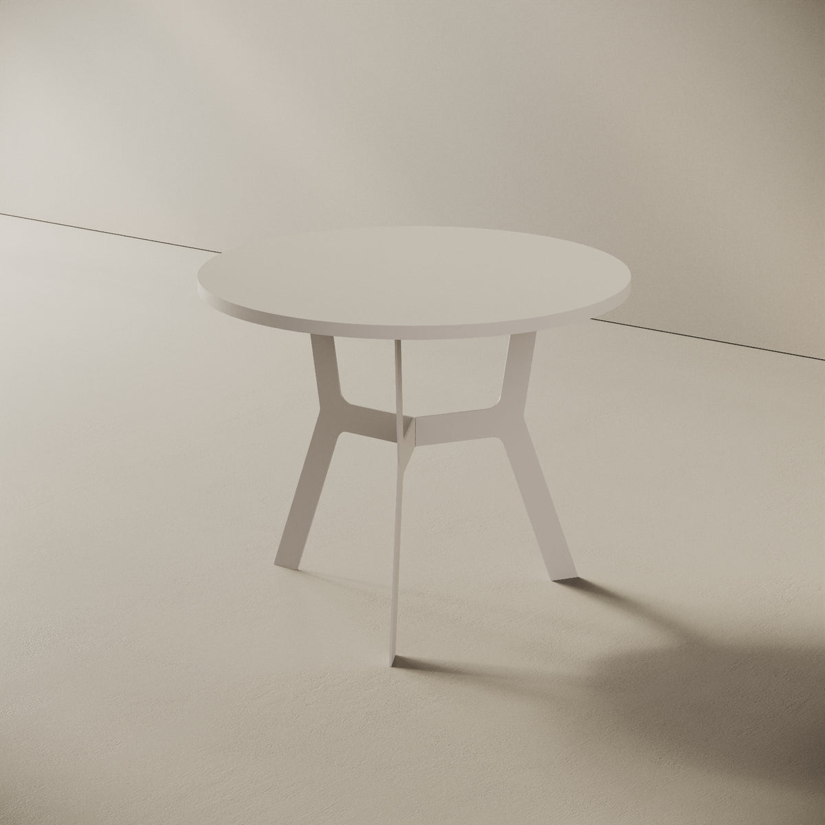 Madrid tavolino da caffè rotondo bianco alto, vista laterale — gambe in metallo bianco e piano in legno nobilitato