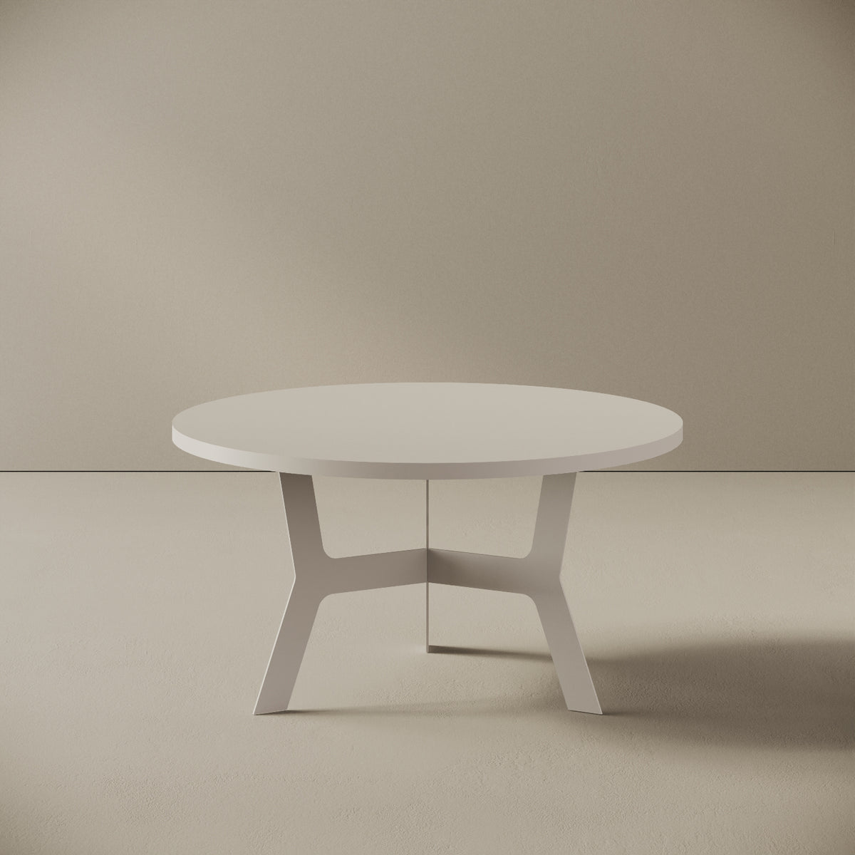 Madrid tavolino da caffè rotondo bianco basso, vista frontale — struttura in metallo verniciato bianco, piano in legno nobilitato, design compatto