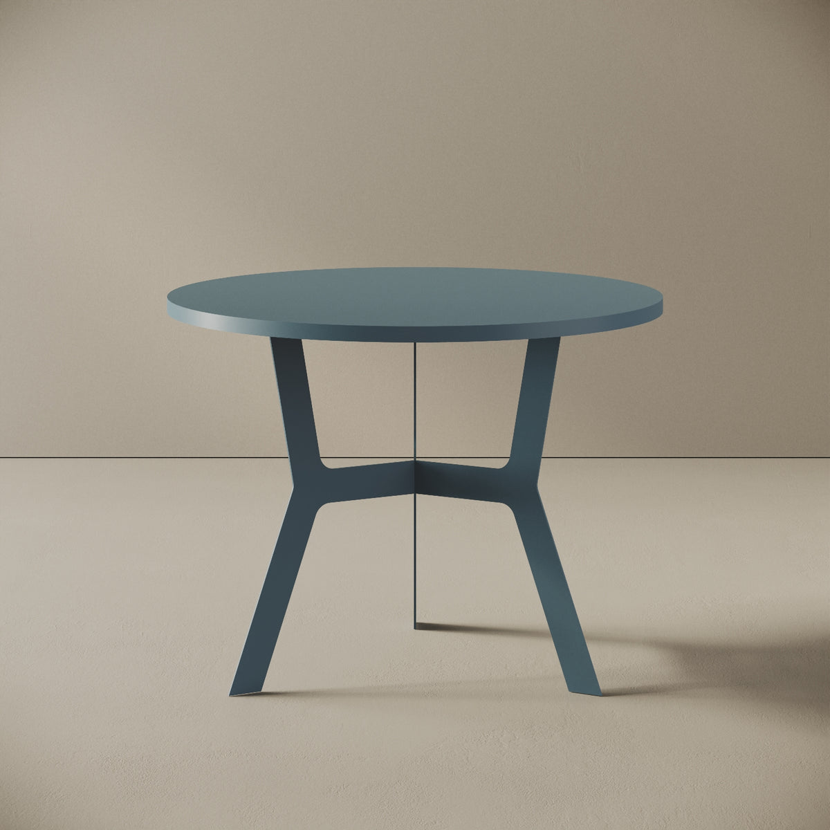 Madrid tavolino da caffè rotondo blu alto, vista frontale — struttura in metallo verniciato blu, piano in legno nobilitato, design compatto