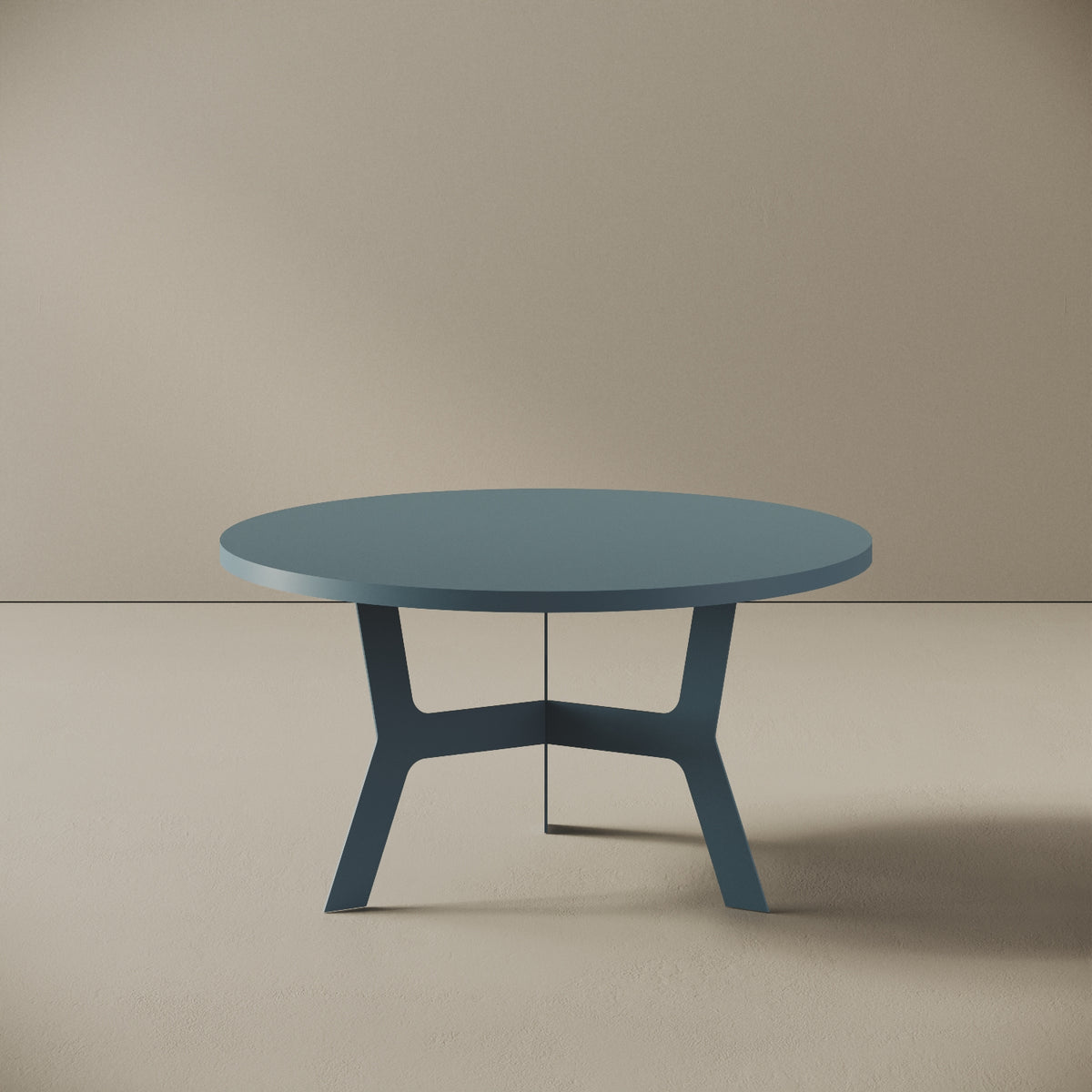 Madrid tavolino da caffè rotondo blu basso, vista frontale — struttura in metallo verniciato blu, piano in legno nobilitato, design compatto