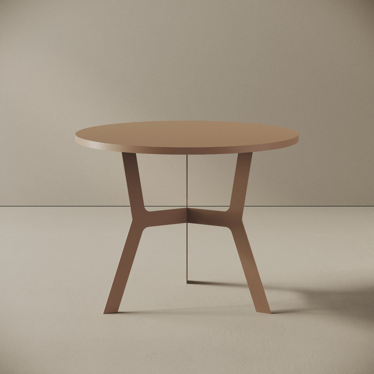 Madrid tavolino da caffè rotondo cappuccino alto, vista frontale — struttura in metallo verniciato cappuccino, piano in legno nobilitato, design compatto