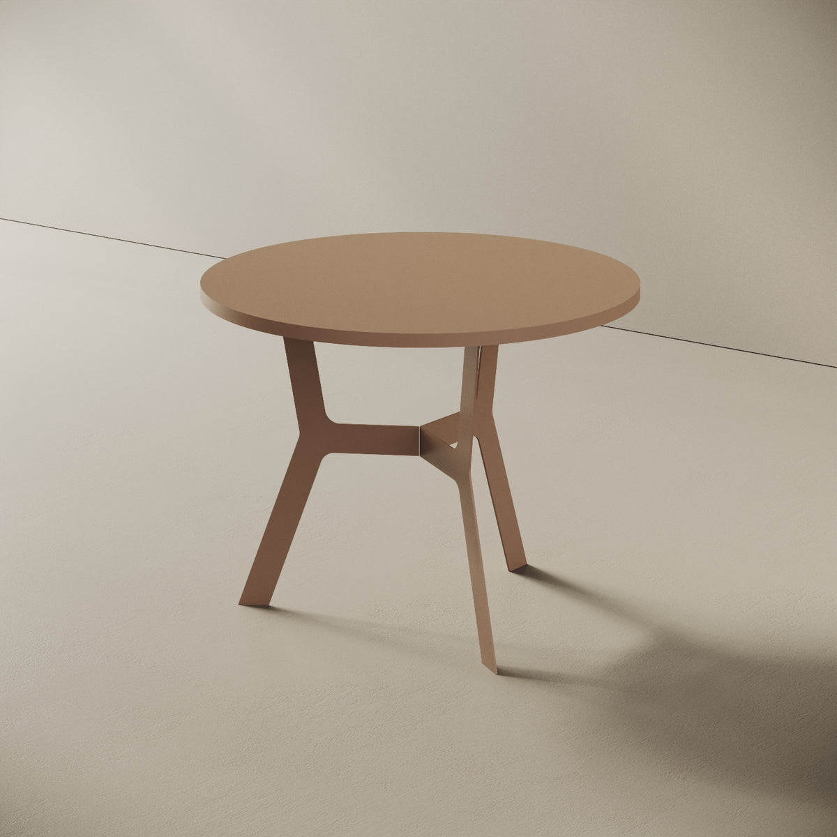 Madrid tavolino da caffè rotondo cappuccino alto, vista laterale — gambe in metallo cappuccino e piano in legno nobilitato
