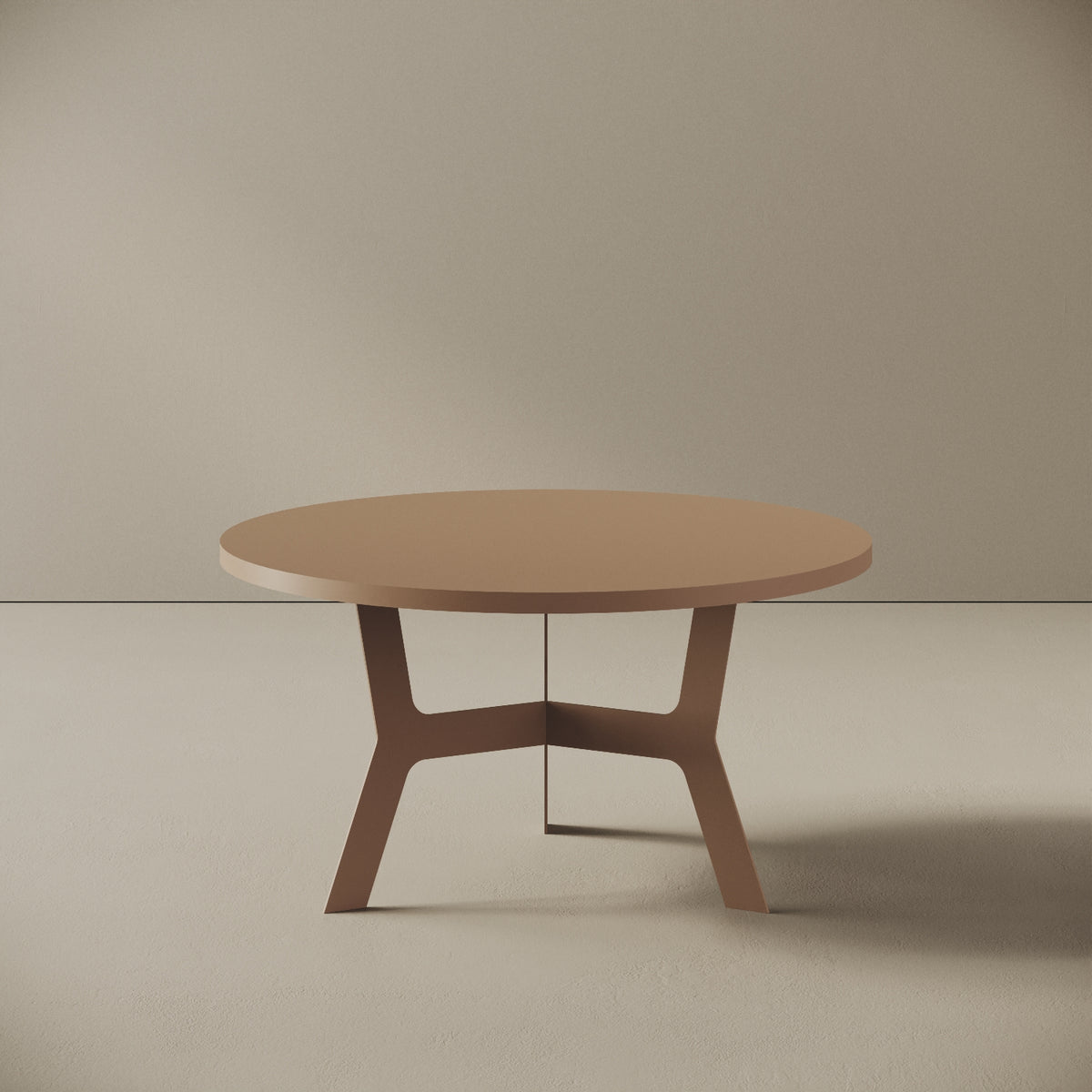 Madrid tavolino da caffè rotondo cappuccino basso, vista frontale — struttura in metallo verniciato cappuccino, piano in legno nobilitato, design compatto