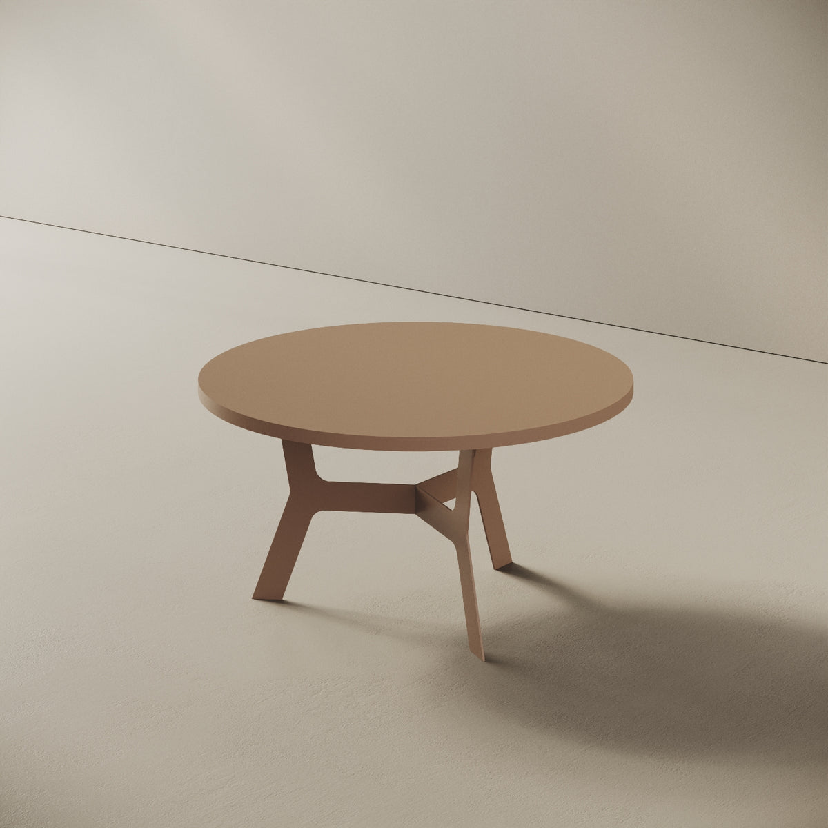 Madrid tavolino da caffè rotondo cappuccino basso, vista laterale — gambe in metallo cappuccino e piano in legno nobilitato
