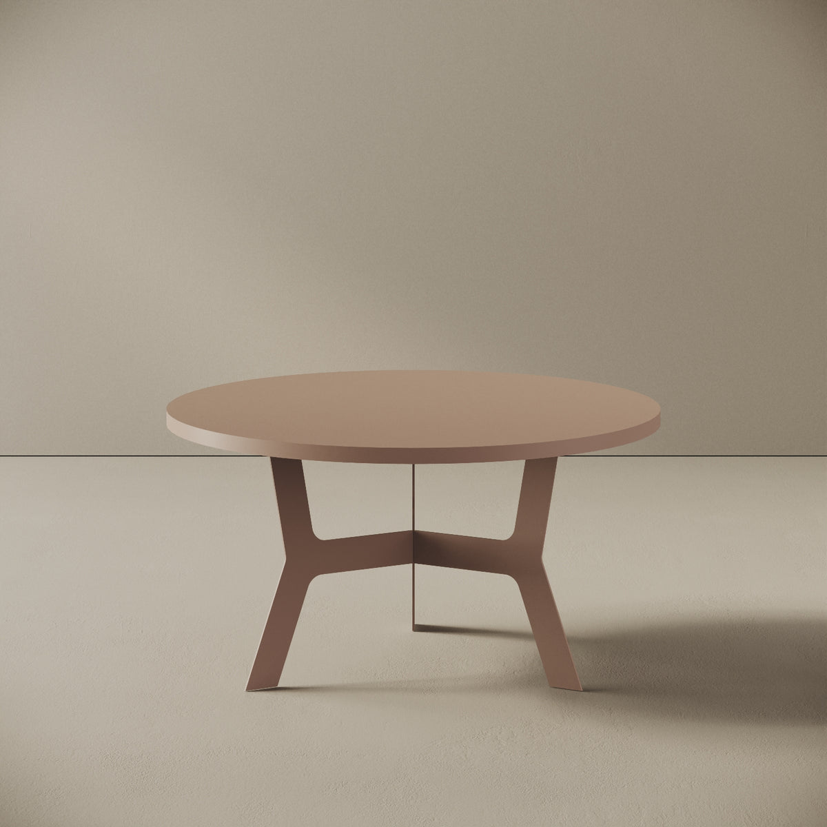 Madrid tavolino da caffè rotondo cipria basso, vista frontale — struttura in metallo verniciato cipria, piano in legno nobilitato, design compatto