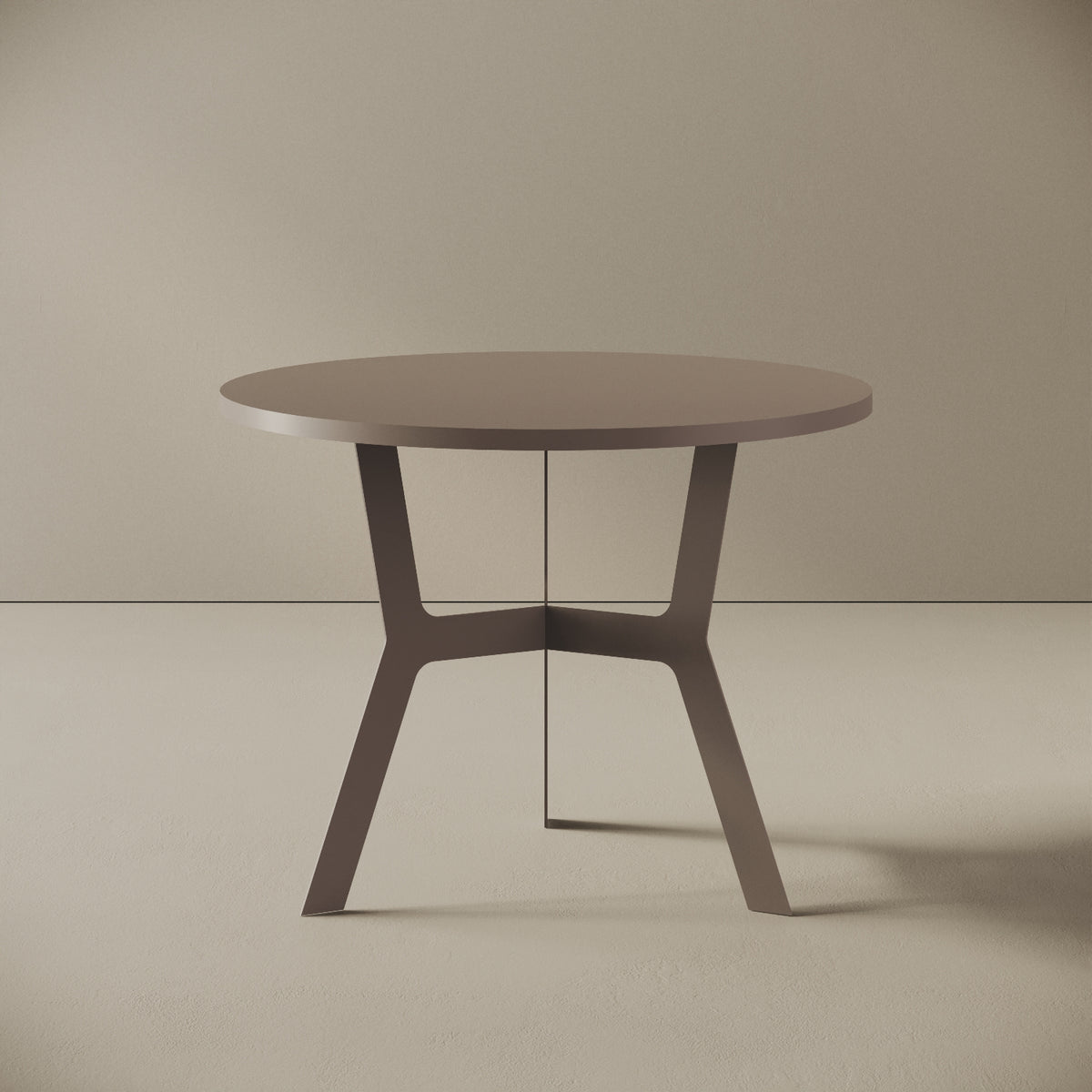 Madrid tavolino da caffè rotondo grigio alto, vista frontale — struttura in metallo verniciato grigio, piano in legno nobilitato, design compatto