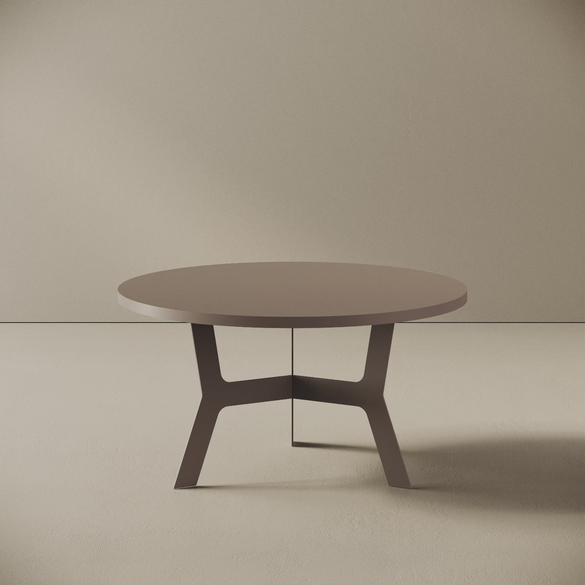 Madrid tavolino da caffè rotondo grigio basso, vista frontale — struttura in metallo verniciato grigio, piano in legno nobilitato, design compatto