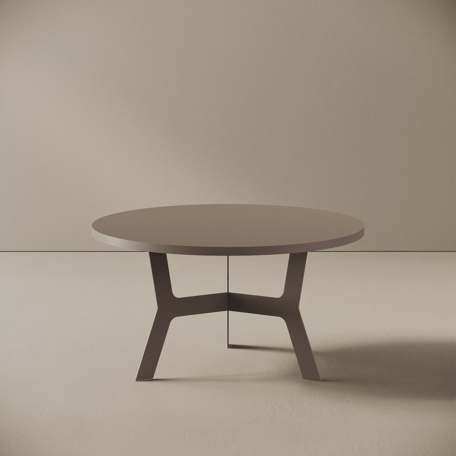 Madrid tavolino da caffè rotondo grigio basso, vista frontale — struttura in metallo verniciato grigio, piano in legno nobilitato, design compatto
