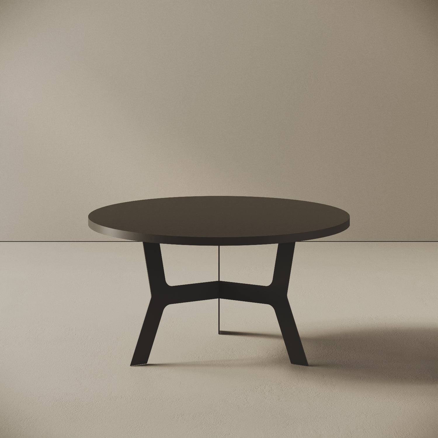 Madrid tavolino da caffè rotondo nero basso, vista frontale — struttura in metallo verniciato nero, piano in legno nobilitato, design compatto