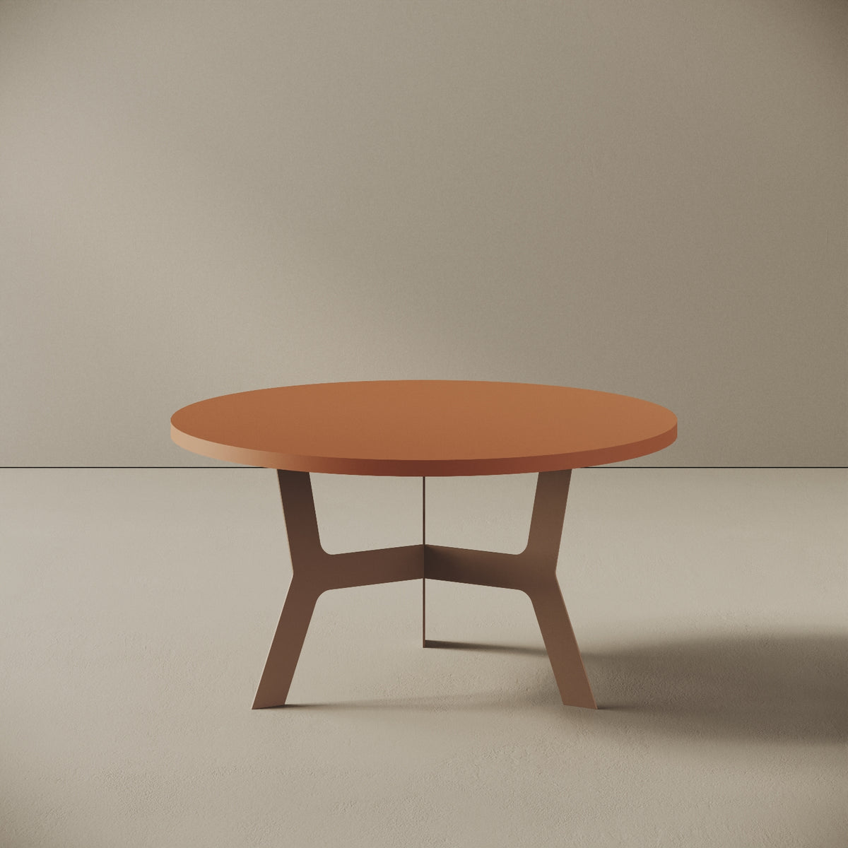 Madrid tavolino da caffè rotondo red curry basso, vista frontale — struttura in metallo verniciato red curry, piano in legno nobilitato, design compatto