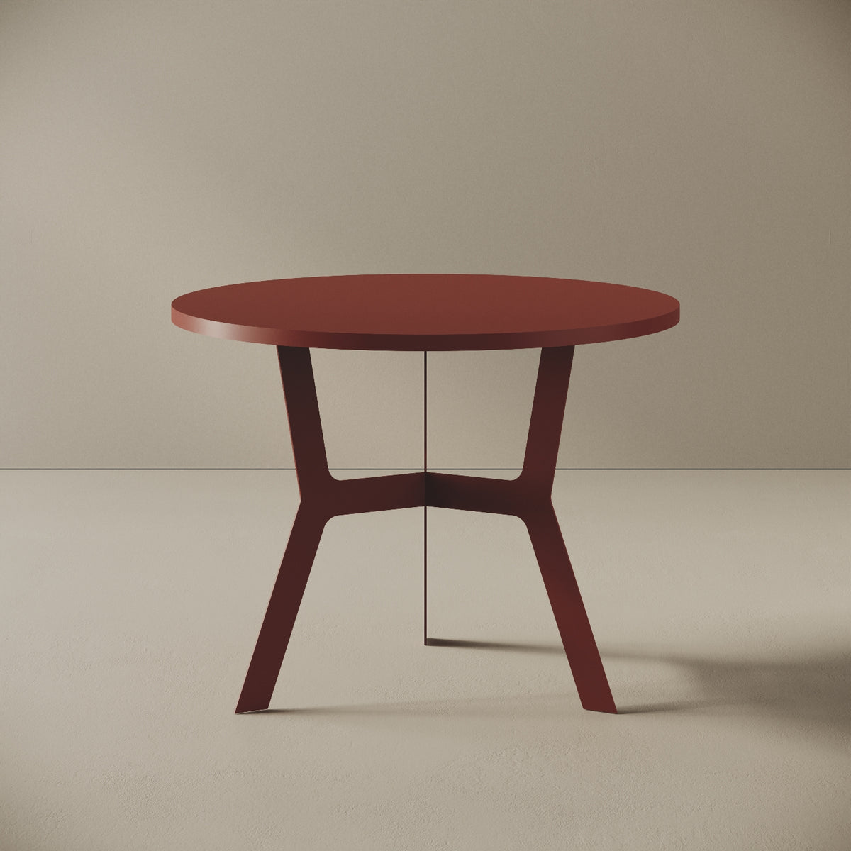 Madrid tavolino da caffè rotondo rosso alto, vista frontale — struttura in metallo verniciato rosso, piano in legno nobilitato, design compatto