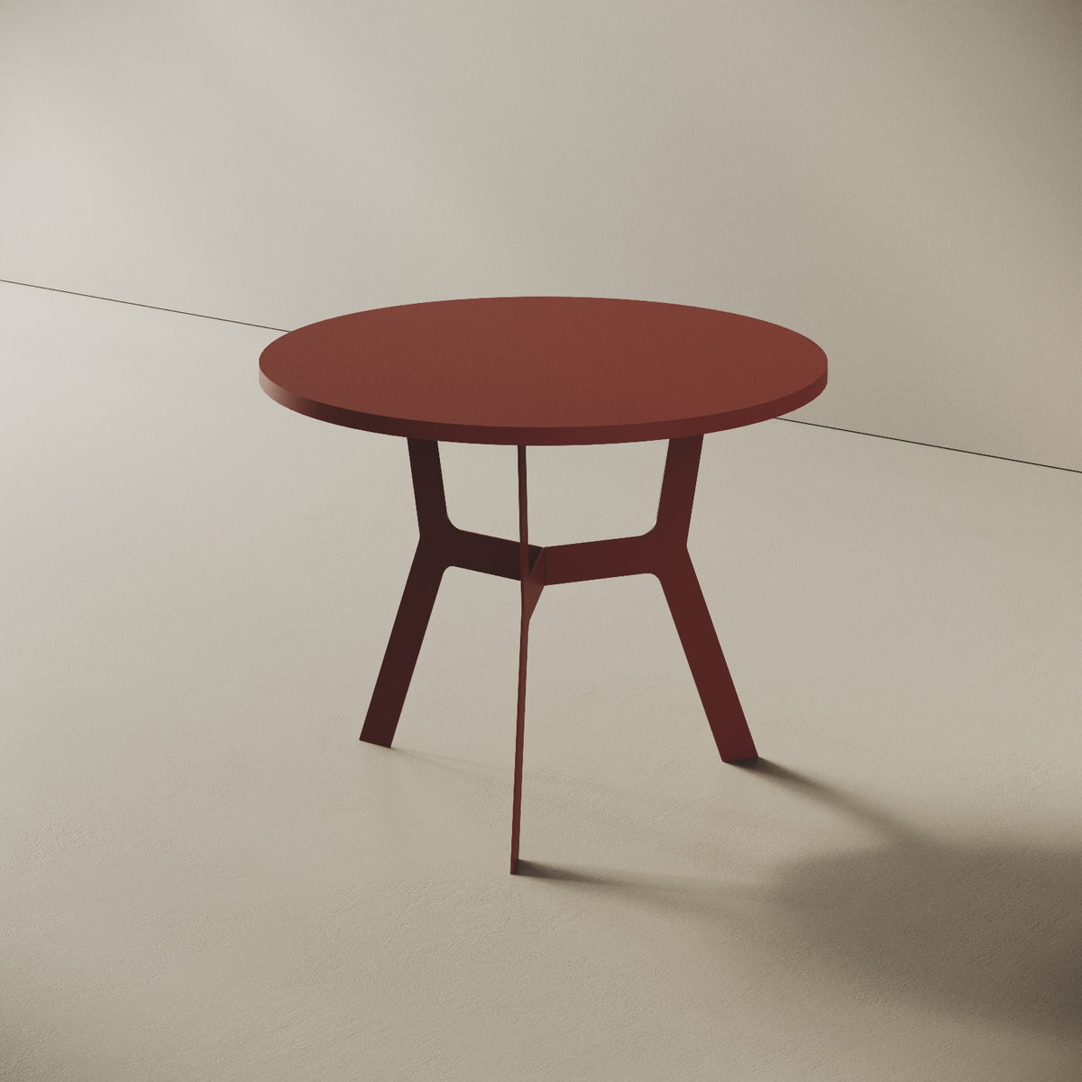 Madrid tavolino da caffè rotondo rosso alto, vista laterale — gambe in metallo rosso e piano in legno nobilitato