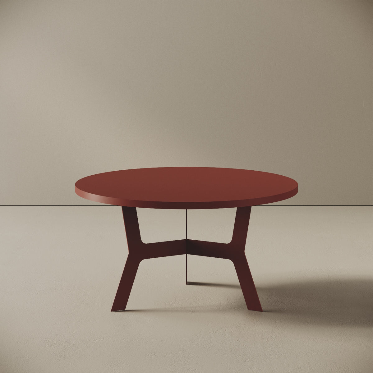 Madrid tavolino da caffè rotondo rosso basso, vista frontale — struttura in metallo verniciato rosso, piano in legno nobilitato, design compatto