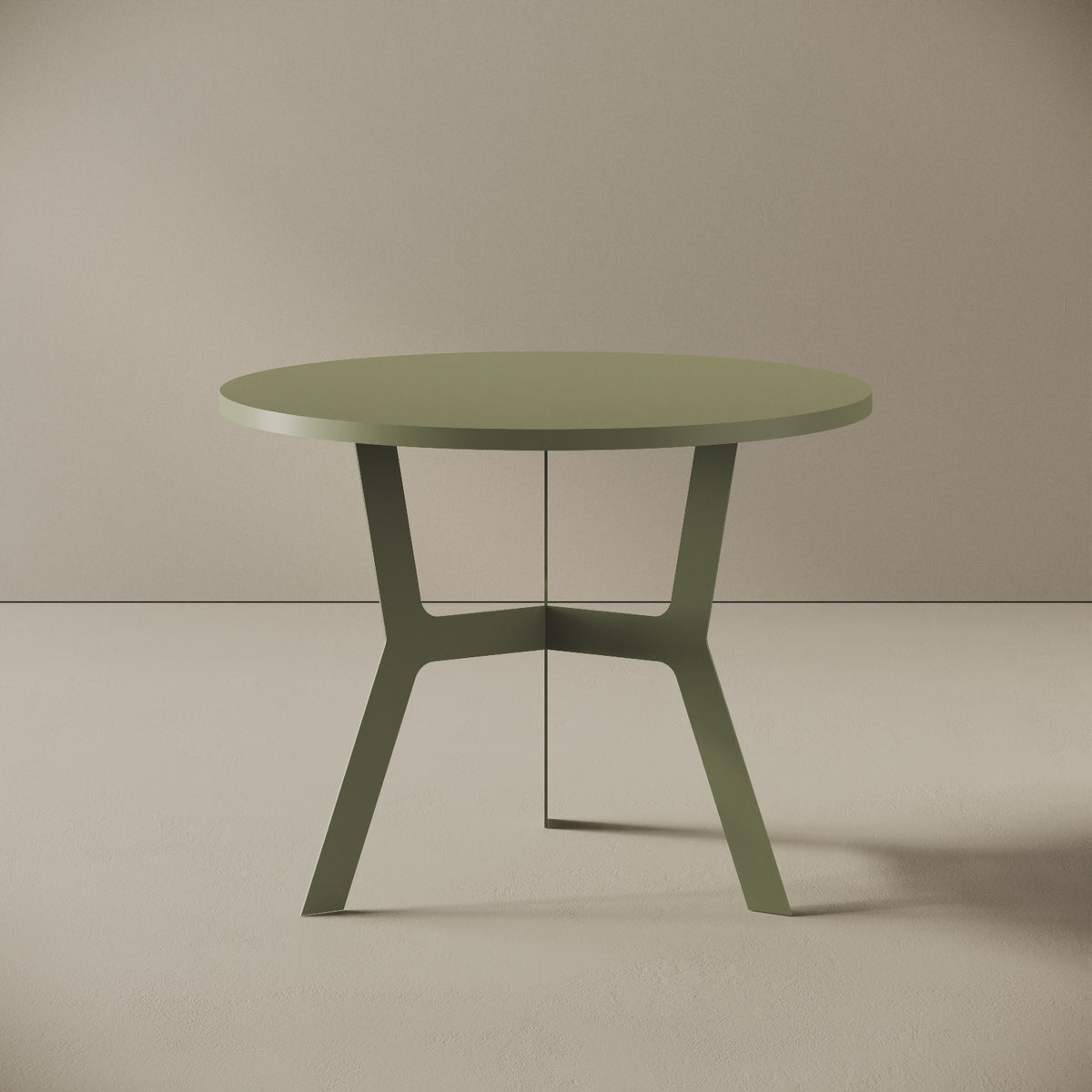 Madrid tavolino da caffè rotondo verde alto, vista frontale — struttura in metallo verniciato verde, piano in legno nobilitato, design compatto