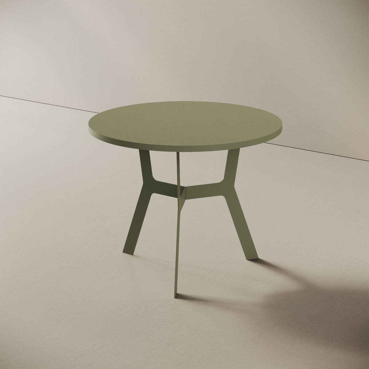 Madrid tavolino da caffè rotondo verde alto, vista laterale — gambe in metallo verde e piano in legno nobilitato