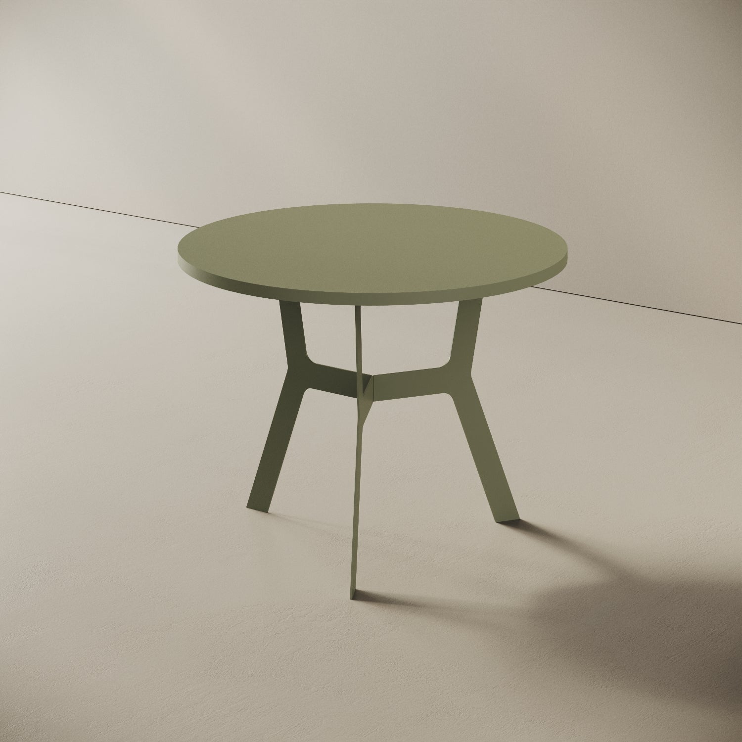 Madrid tavolino da caffè rotondo verde alto, vista laterale — gambe in metallo verde e piano in legno nobilitato