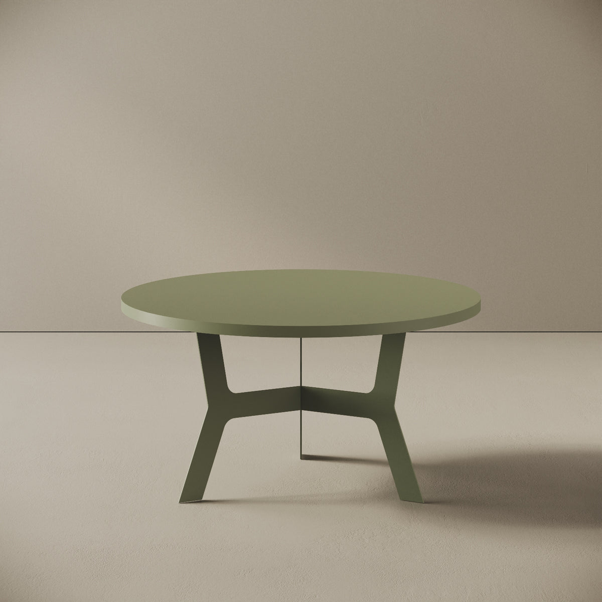 Madrid tavolino da caffè rotondo verde basso, vista frontale — struttura in metallo verniciato verde, piano in legno nobilitato, design compatto