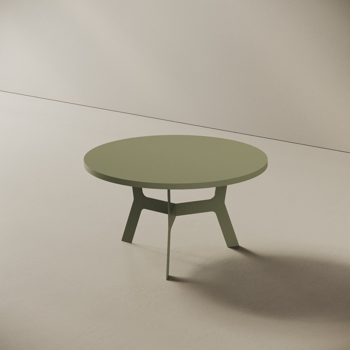 Madrid tavolino da caffè rotondo verde basso, vista laterale — gambe in metallo verde e piano in legno nobilitato circolare